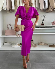 Clidress Satin V Neck Wrap Slim Dress