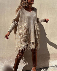 Clidress Oversized Tassel Poncho Sweater