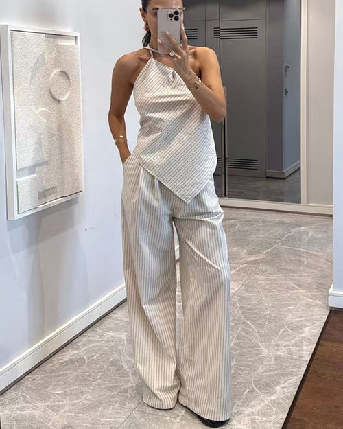 Clidress Oneshoulder Irregular Stripes Top & Pants  Set