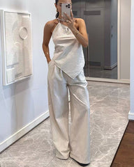 Clidress Oneshoulder Irregular Stripes Top & Pants  Set