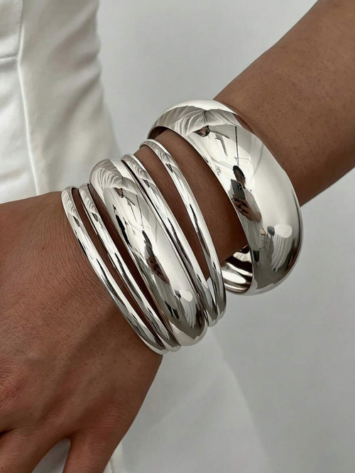 6pcs Vintage Elegant Wide Flat Metal Bangle Bracelets