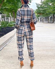 Clidress Lapel Zip Plaid Print Nipped Waist Jumpsuit