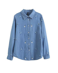 Clidress Embroidered Flower Denim Shirt