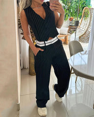 Clidress Classic Striped V Neck Top & Pants Set