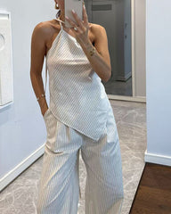 Clidress Oneshoulder Irregular Stripes Top & Pants  Set