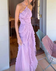 Clidress Lorelie Halter Pleated Ruffle Full Dress
