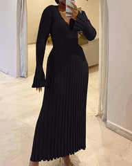 Clidress Chic V Neck Ribbed Knitting Pleated Maxi Dress