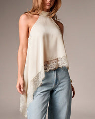 Clidress Button Neck Lace Patchwork Irregular Top 11 Colors-5 Size
