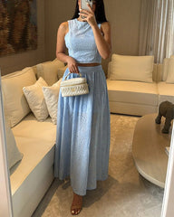 Clidress Cotton Hollow Out  Sleeveless Top & Skirt 2 Pieces Set