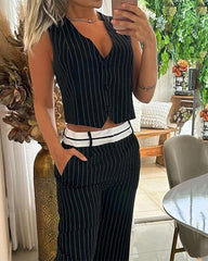 Clidress Classic Striped V Neck Top & Pants Set