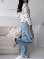 Clidress Hollow-out Top & Denim Feel Pants Set