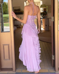 Clidress Lorelie Halter Pleated Ruffle Full Dress
