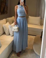Clidress Cotton Hollow Out  Sleeveless Top & Skirt 2 Pieces Set