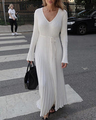 Clidress Chic V Neck Ribbed Knitting Pleated Maxi Dress