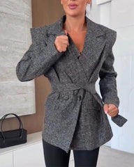 Clidress Sophia Tweed Lapel Belted Suit Jacket