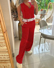 Clidress Classic Striped V Neck Top & Pants Set