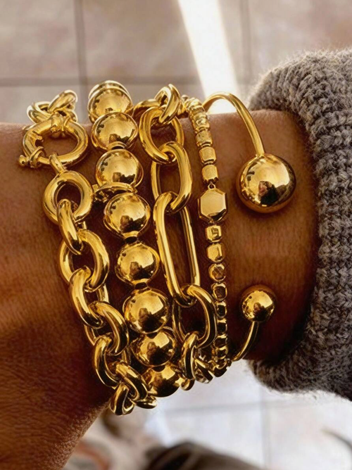 5pcs Vintage Layered Chunky Chain & Bead Bracelet Set