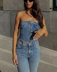 Clidress Fashion Denim Buttons Tube Top