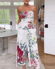 Clidress Printed Wrap Strapless Top & Pants 2 Pieces Set