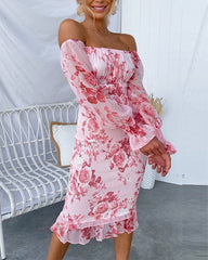 Clidress  Off Shoulder Floral Smocked Waist Dress