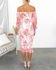 Clidress  Off Shoulder Floral Smocked Waist Dress