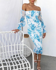 Clidress  Off Shoulder Floral Smocked Waist Dress