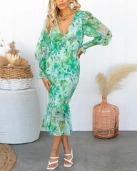 Clidress V Neck Floral Flounced  Midi Dress