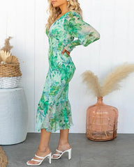 Clidress V Neck Floral Flounced  Midi Dress