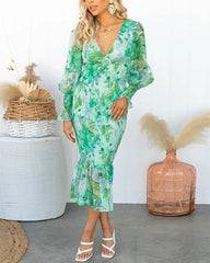 Clidress V Neck Floral Flounced  Midi Dress