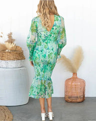 Clidress V Neck Floral Flounced  Midi Dress