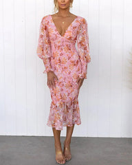 Clidress V Neck Floral Flounced  Midi Dress
