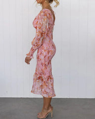 Clidress V Neck Floral Flounced  Midi Dress