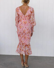 Clidress V Neck Floral Flounced  Midi Dress
