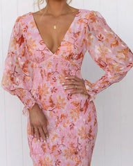 Clidress V Neck Floral Flounced  Midi Dress
