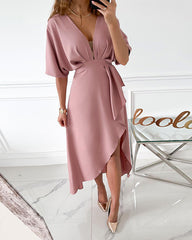 Clidress Chic V Neck Ruffled Slit Party Dress