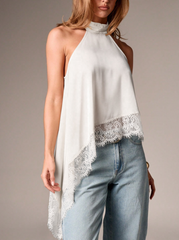 Clidress Hanging Neck Lace Patchwork Irregular Top