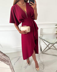 Clidress Chic V Neck Ruffled Slit Party Dress
