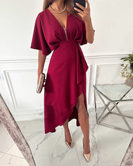 Clidress Chic V Neck Ruffled Slit Party Dress