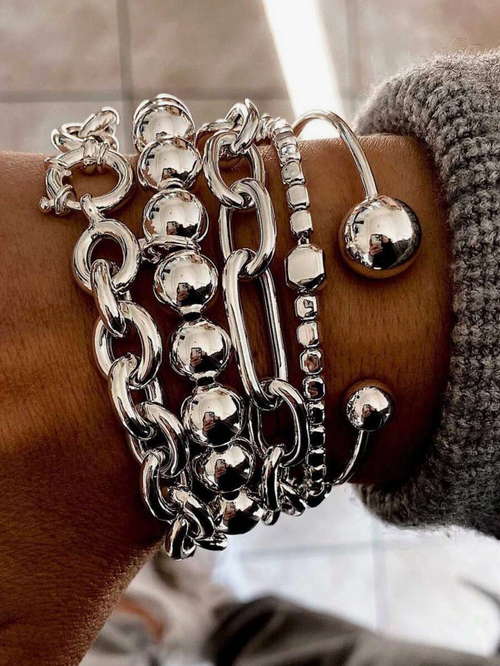 5pcs Vintage Layered Chunky Chain & Bead Bracelet Set
