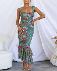 Clidress Runaway Bodycon Ruffle Printed Midi Dress
