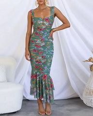 Clidress Runaway Bodycon Ruffle Printed Midi Dress