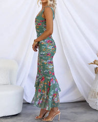 Clidress Runaway Bodycon Ruffle Printed Midi Dress