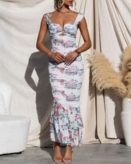 Clidress Runaway Bodycon Ruffle Printed Midi Dress
