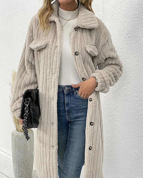 Clidress Lapel Button Down  Polar Soft Fleece Long Coat Jacket