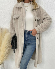 Clidress Lapel Button Down  Polar Soft Fleece Long Coat Jacket