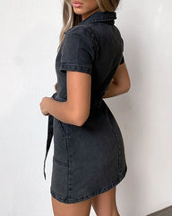 Clidress Zip Up Flap Pocket Belted Denim Dress