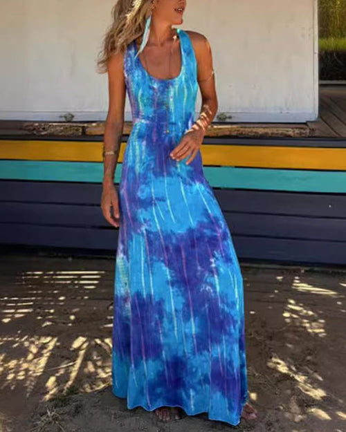 Clidress Backless Tie Dye Boho Maxi Dress