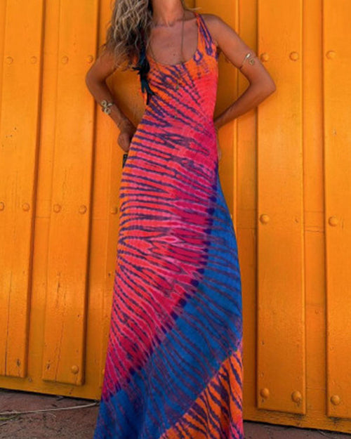 Clidress Backless Tie Dye Boho Maxi Dress