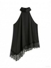 Clidress Bow Neck Lace Patchwork Irregular Top 3 Colors