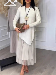 Clidress Irregular Sweater Mesh Pleated Dress Set